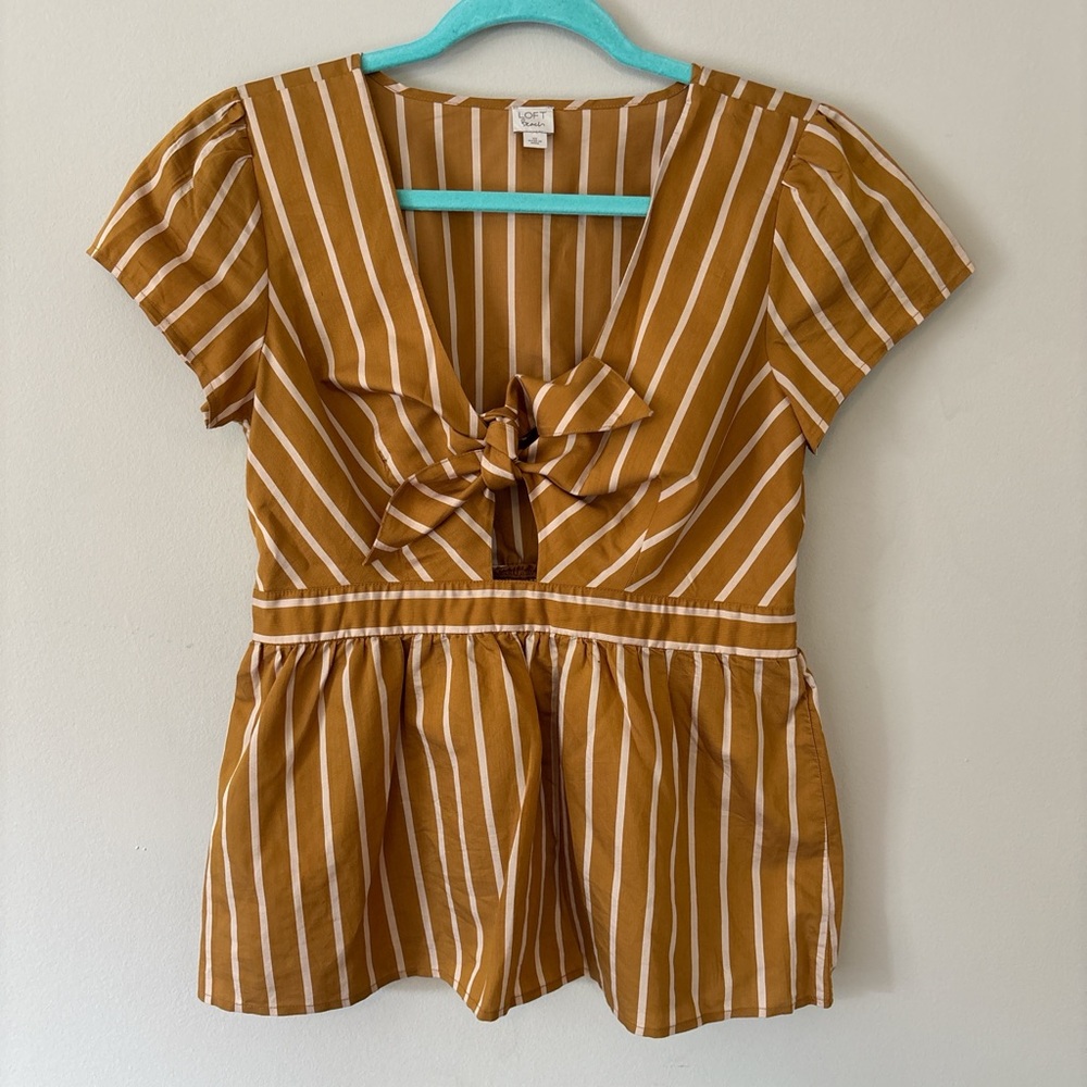 LOFT Beach Mustard & White Striped Tie-Front Peplum Top Size XS